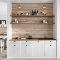 a kitchen with wooden shelves and white cabinets