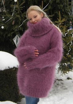 "THICK AND FUZZY, really fabulous PURPLE COLOR long sweater, hand knitted with 2 STRANDS of of premium class MOHAIR. Hand knitted with love and care for your comfort and complete satisfaction. Its clear and plain design makes this warm and breathable fashion cloth suitable for any occasion during the cold days. Wherever you are, the lovely purple eye catching color will make you feel like a star. At office, shopping center or at home - you will be the \"only one\", around. With the turtleneck st Fuzzy Sweater Outfit, Fuzzy Mohair Sweater, Pull Mohair, Turtleneck Style, Pullover Outfit, Womens Sweaters, Ladies Turtleneck Sweaters, Fuzzy Sweater, Mohair Wool