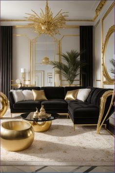 a living room with black couches and gold accents