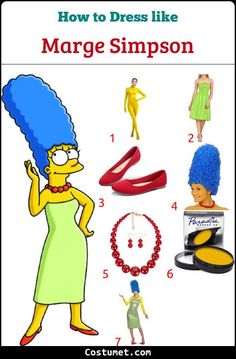 the simpsons character has blue hair and is wearing red shoes, green dress, yellow necklaces