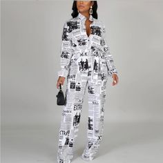 Black And White Button Down V Neck Jumpsuit With Belt. Casual White Jumpsuits And Rompers With Button Closure, White Buttoned Jumpsuit For Spring, Chic White Jumpsuits And Rompers With Buttons, White Spring Jumpsuits And Rompers With Buttons, White Fitted Jumpsuits And Rompers With Buttons, Trendy White Printed Jumpsuits And Rompers, Fitted White Jumpsuits And Rompers With Buttons, Fashion Newspaper, Newspaper Fashion