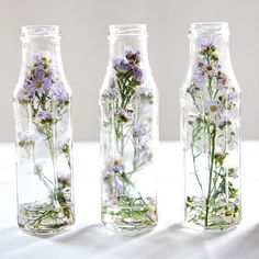 three glass vases with flowers in them