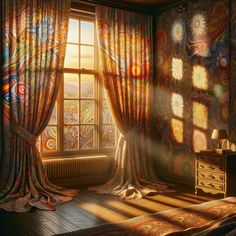 the sun shines through an open window in a room with curtains and drapes