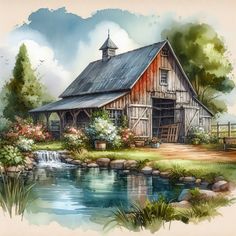 a watercolor painting of a barn with flowers in the foreground and a stream running through it