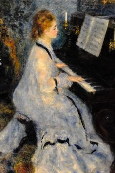 a painting of a woman in white dress sitting at a piano with music sheets on it