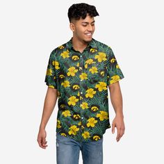 Iowa Hawkeyes Hibiscus Button Up Shirt FOCO Fruit Pattern Illustration, Cargo Fits, West Virginia Mountaineer, Button Ups, Fan Fashion, Iowa Hawkeyes, Tennessee Volunteers, Tropical Design, Michigan Wolverines