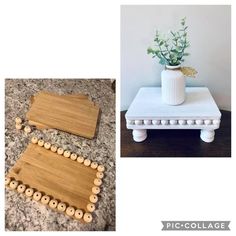 two pictures one is white and the other has wood beads on it with flowers in a vase