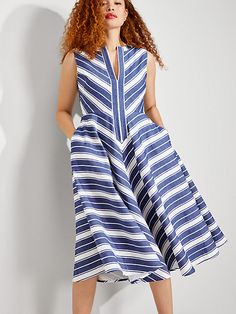 Stripes stripes stripes. We simply can't get enough. So we put some on this elegant split-neck midi dress perfect for brunch picnics parties out on the patio… | Kate Spade Stripe Double Cloth Midi Dress, Sailboat Blue - 4 Kate Spade Outlet, Personal Grooming, Kate Spade Dress, Stripe Dress, Pinterest Outfits, White Striped Dress, Striped Dress, A Line Skirts, Blue Stripes