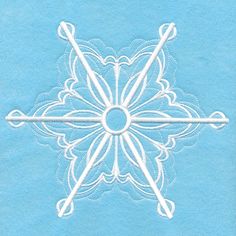 a blue background with an intricate design on the center and two white crochet stitchs in the middle