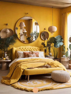 a bedroom with yellow walls and white carpet, round mirrors on the wall above the bed