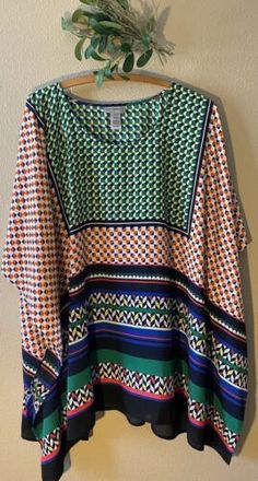 Catherines Kimono Kaftan Top Plus Size 0X/1X Geometric Multicolor Colorful  | eBay Casual Spring Blouse With Geometric Pattern, Green Geometric Pattern Tops For Summer, Casual Geometric Pattern Blouse For Spring, Casual Tops With Multicolor Geometric Pattern, Multicolor Geometric Pattern Top For Fall, Fall Multicolor Geometric Pattern Top, Geometric Pattern Blouse For Spring, Stretch Multicolor Blouse For Spring, Bohemian Multicolor Blouse With Bold Print