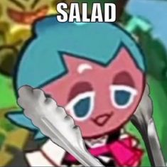 a cartoon character holding a fork and knife with the caption, salad what do you mean?