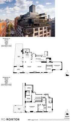 the floor plan for an apartment building with two floors and three stories, in different directions