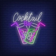 neon cocktail sign with the words cocktail bar on it and two glasses filled with ice