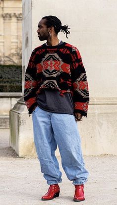 Crazy Fashion Outfits Men, Camp Mens Fashion, Unique Men’s Outfits, Indie Boy Outfit Aesthetic, Men’s Artsy Fashion, Eccentric Male Fashion, African Clothing Styles Men, Mens High Fashion Streetwear, Maximalist Mens Fashion