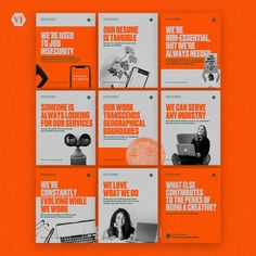 an orange and white brochure with images of people working on laptops in the background