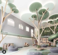 this is an artistic rendering of a children's playroom with trees and slides