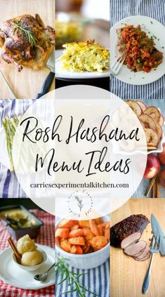 a bunch of food that is on top of a wooden table with the words rosh hashbaad menu ideas