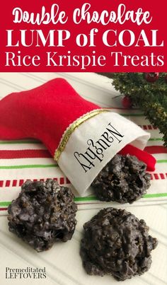 an elf's hat is on top of some cookies and the title reads, double chocolate lump of coal rice krispie treats