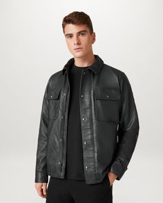 Men's Cheviot Leather Quarry Overshirt in Black | Belstaff US Black Leather Button-up Top, Leather Long Sleeve Shirt For Fall, Fall Long Sleeve Leather Shirt, Black Shirt With Flap Pockets For Fall, Classic Collared Leather Shirt, Black Leather Collared Top, Leather Button-up Top With Pockets, Luxury Collared Shirt For Fall, Luxury Spread Collar Shirt For Fall