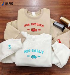 Cartoon Couple Christmas Sweatshirt: Her Mcqueen x His Sally Embroidered Trending Crewneck - Perfect Christmas Gift! Couples Sweatshirts Hoodie, Trendy Crewneck, Couples Sweaters, Hawaiian Shirt Women, Matching Hoodies, Couple Christmas, Christmas Gifts For Couples, Disney Hoodies, Cartoon Sweatshirts