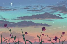 the night sky is full of stars and clouds with purple flowers in front of it