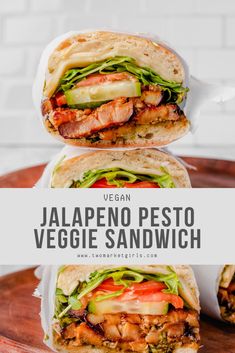 three sandwiches stacked on top of each other with the words vegan jalapeno pesto veggie sandwich