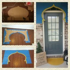 the front door is painted blue and has yellow trim on it, along with other pictures