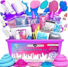 the unicorn slime kit is filled with lots of colorful items and candy, including candies