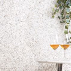 two glasses of wine sitting on a table next to a potted plant in front of a wall