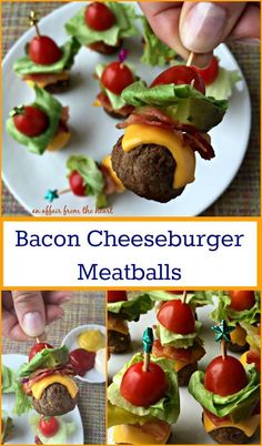 bacon cheeseburger meatballs with lettuce and tomatoes on them are ready to be eaten