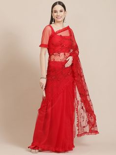 Red Net Embroidered Ruffled Saree - Inddus.com Red Organza Saree With Unstitched Blouse, Red Organza Pre-draped Saree With Zari Work, Party Net Pre-draped Saree, Red Pre-draped Organza Saree With Sheer Dupatta, Festive Red Pre-draped Saree In Organza, Festive Red Organza Pre-draped Saree, Red Pre-draped Organza Saree, Fitted Red Organza Blouse Piece, Festive Red Pre-draped Organza Saree