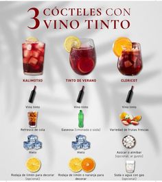 three cocktails on 3 vino tinto are shown in this graphic above the description