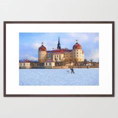 a painting of a building in the middle of water with a person parasailing