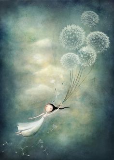 a girl flying through the air with dandelions in her hand and an inscription on it