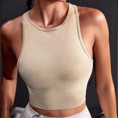 Brand New Never Worn. Khaki Padded Sports Bra Size Medium (6) Beige Fitted Tank Top For Workout, Fitted Beige Tank Top For Workout, Sleeveless Beige Activewear For Gym, Beige Sleeveless Activewear For Workout, Spring Beige Activewear For Workout, Beige Stretch Tank Top For Workout, Sporty Beige Workout Tops, Beige Summer Workout Activewear, Beige Sports Bra For Gym