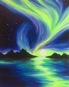 an aurora bore painting on canvas with water and stars in the night sky above it