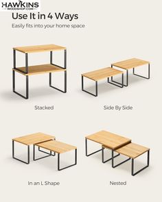 four different tables with metal legs and wooden top, all labeled in three different ways