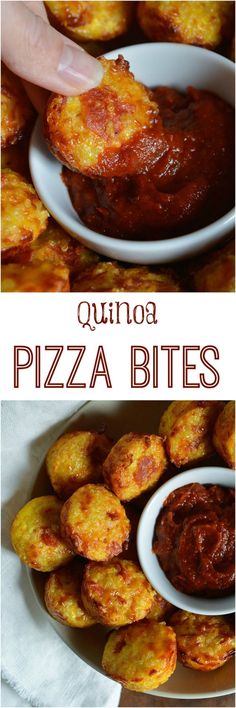 there is a plate with some pizza bites on it and the words quinoa pizza bites above it