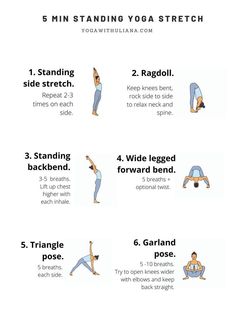 yoga poses for beginners to do in the morning or night, including standing and kneeling