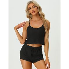 This style of stretchy cami lounge set is easy to put on or take off, which can give you a light and simple dressing experience, and keep you nice and comfortable all day. Top: this cami top features crop length and is sleeveless. Bottom: the short pants with elastic waist, ruffle trim, and bow decor. The soft pajamas set for women is stretchy, soft, lightweight, breathable, and comfortable to wear. This pajama set is casual. Even if a guest visits suddenly, you won’t feel embarrassed. The pajam Black Spaghetti Strap Loungewear Top, Summer Seamless Pajama Shorts For Loungewear, Black Tank Top For Sleep In Summer, Casual Seamless Cami Sleepwear, Black Tank Top For Summer Sleepwear, Casual Loungewear Sets With Spaghetti Straps, Black Casual Cami Sleepwear, Casual Black Sets For Relaxation, Casual Spaghetti Strap Camisole For Lounging