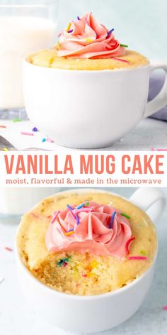 vanilla mug cake in a white bowl with pink frosting and sprinkles