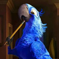 a blue bird with an umbrella in its beak and eyes is holding a pencil up to it's mouth