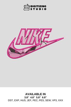 the nike logo is shown in pink on a gray background with black and white lettering