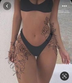 Flower Torso Tattoo, Huge Hip Tattoo, Flower Thigh Tattoos Women, Leg Tattoo Idea, Flower Hip Tattoo, Small Hip Tattoos, Side Body Tattoos, Feminine Thigh Tattoos, Small Thigh Tattoos