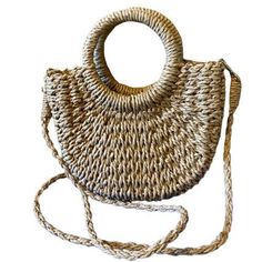 "Handwoven straw half circle bag Features a round top handle and removable strap for use as a cross body Fabric lined 9 1/2\" wide x 8\" tall x 3 1/4\" deep  Handle drop 3 1/2\", strap drop 24\" Free ground ship USA" Spring Straw Crossbody Bag With Detachable Handle, Beige Straw Bag With Round Handle For Vacation, Straw Bag With Round Handle For Beach, Vacation Straw Bag With Adjustable Strap And Round Handle, Vacation Shoulder Bag With Adjustable Strap And Round Handle, Straw Shoulder Bag With Round Handle For Beach, Summer Straw Crossbody Bag With Detachable Handle, Summer Crossbody Straw Bag With Detachable Handle, Vacation Straw Crossbody Bag With Detachable Handle