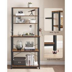 an image of a book shelf with books and other things on it in the living room