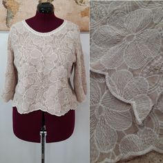 Beautiful Tan Blouse With Intricate Floral Embroidery And Scalloped Edges. Brand New With Original Tags. Size Extra Large. No Stretch. Bust 44" Length 21" Elegant Crew Neck Top With Floral Embroidery, Elegant Floral Embroidered Crew Neck Top, Elegant Cream Top With Floral Embroidery, Elegant Beige Crew Neck Blouse, Elegant Lace Blouse With Chikankari Embroidery, Fitted Cream Blouse With Floral Embroidery, Long Sleeve Beige Tops With Lace Work, Beige Lace Top With Lace Work, Fitted Cream Tops With Floral Embroidery