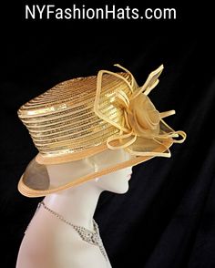 Bespoke Hats, Gold Hat, Large Brim Hat, Royal Ascot Hats, Veiled Hats, Luxury Hats, Couture Hats, Church Dress, Gold Hats