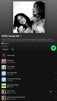 Grwm Spotify Playlist Cover, Girlhood Playlist, Gossip Girl Playlist, White Girl Music, Vampire Diaries Songs, Xoxo Gossip Girl